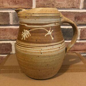 Stoneware Pottery Pitcher W/Floral Design Handle Artisan made OOAK